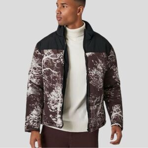 Colorblock Tree Print Puffer Jacket. Size Large NWT